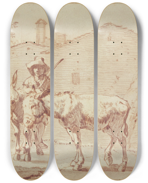 Triptych art skateboard deck of Paulus Constantijn La Fargue Two Donkeys And Their Driver by Paulus Constantijn La Fargue (1729-1782)