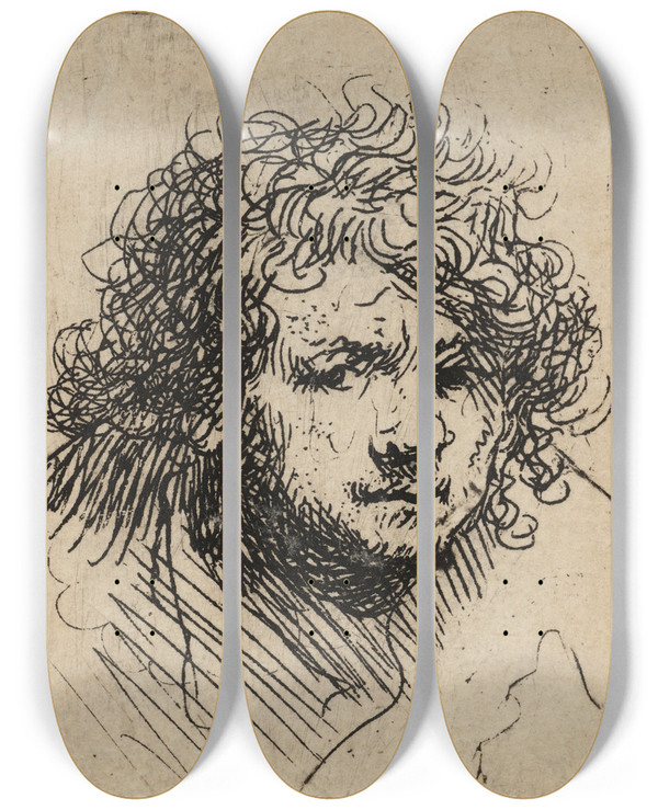 Triptych art skateboard deck of Rembrandt Van Rijn Selfportrait Leaning Forward Bust by Rembrandt Van Rijn (1606-1669)