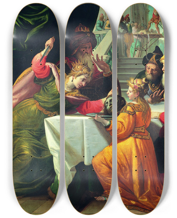 Triptych art skateboard deck of Giovanni Andrea Ansaldo Herodias Presented With The Head Of The Baptist By Salome by Giovanni Andrea Ansaldo (1584-1638)