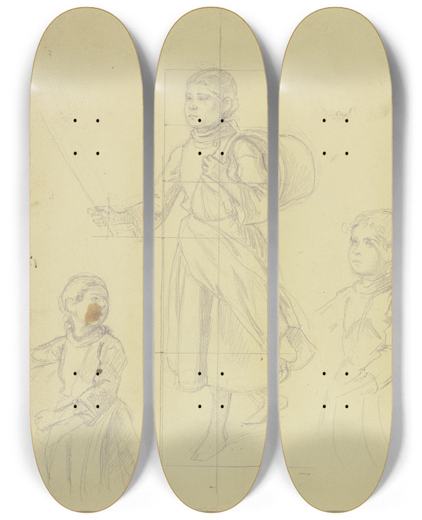 Triptych art skateboard deck of Jakob Becker Studienblatt Bauernmdchen_2 by Jakob Becker (1810-1872)