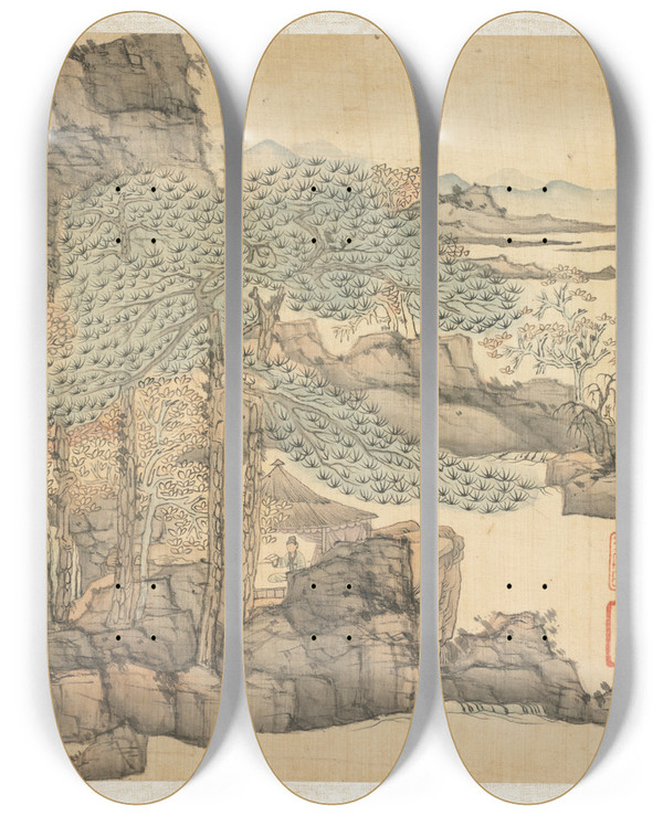 Triptych art skateboard deck of Chen Hongshou Scholar Reading In A Thatched Hut By A Waterfall by Chen Hongshou (1598-1652)