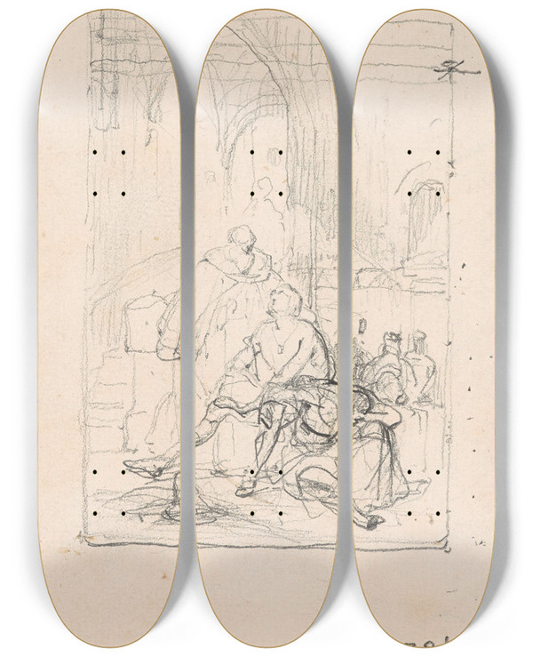 Triptych art skateboard deck of Nicaise De Keyser Scene With Beggars_1 by Nicaise De Keyser (1813-1887)