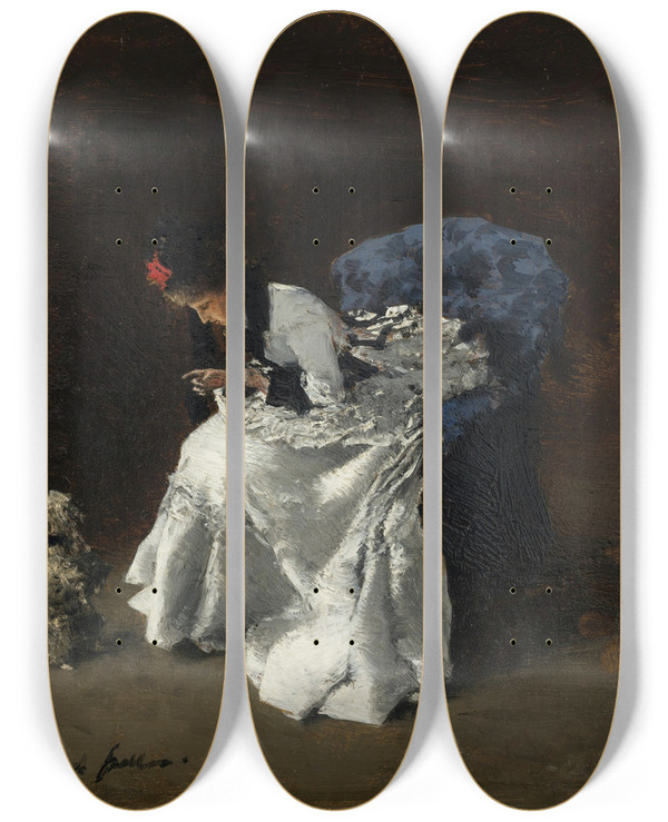 Triptych art skateboard deck of Albert Von Keller Dame In Feiner Garderobe Mit Hund by Albert Von Keller (1844-1920)