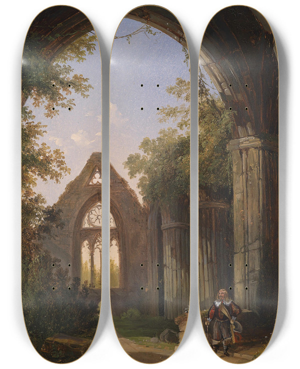 Triptych art skateboard deck of Joseph Altenkopf Kirchenruine by Josef Altenkopf (1818-1855)