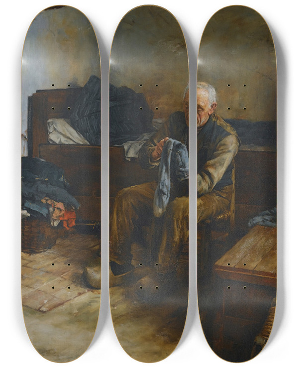 Triptych art skateboard deck of Walter Langley Aflemish Peasant by Walter Langley (1852-1922)