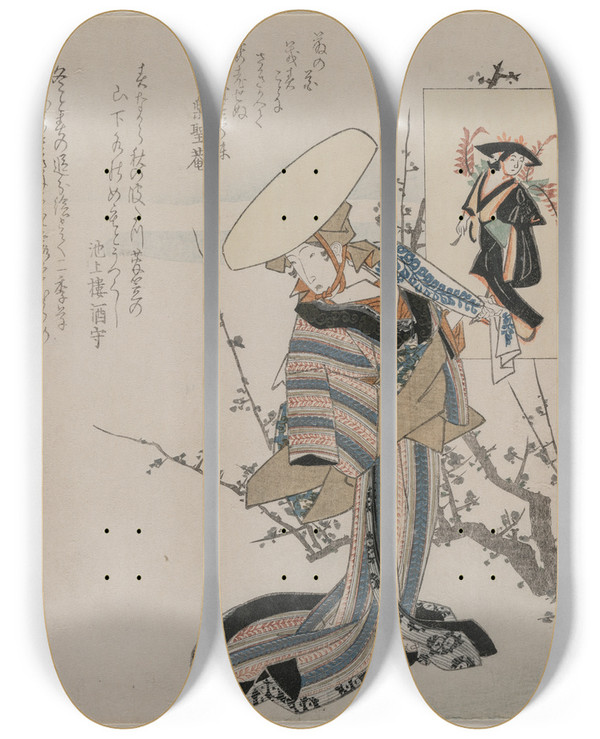 Triptych art skateboard deck of Yanagawa Shigenobu Woman By A Plum Tree Matched With The Wisteria Maiden From A Series Of Women Compared To Figures From Otsu Paintings by Yanagawa Shigenobu (1787-1832)