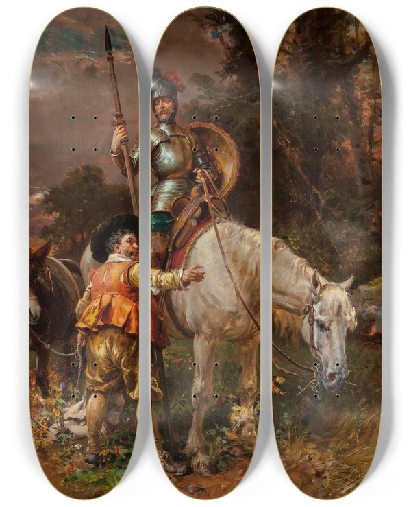Triptych art skateboard deck of Cesare Auguste Detti Don Quixote And Sancho Panza by Cesare Auguste Detti (1847-1914)