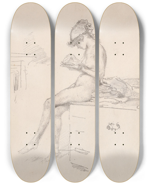 Triptych art skateboard deck of James Abbott Mcneill Whistler The Little Nude Model Reading_2 by James Abbott Mcneill Whistler (1834-1903)