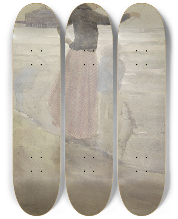 Triptych art skateboard deck of Johan Antonie De Jonge Vrouw Met Twee Kinderen En Een Hondje Aan Het Strand by Johan Antonie De Jonge (1864-1927)