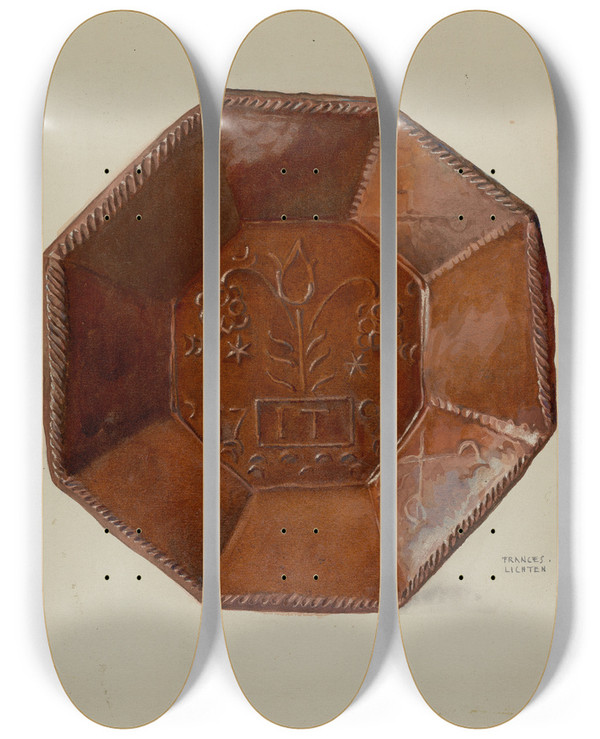 Triptych art skateboard deck of Frances Lichten Pa German Octagonal Dish by Frances Lichten (1889-1961)
