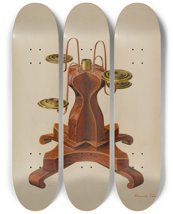 Triptych art skateboard deck of Richard Taylor Candelabra by Richard Taylor