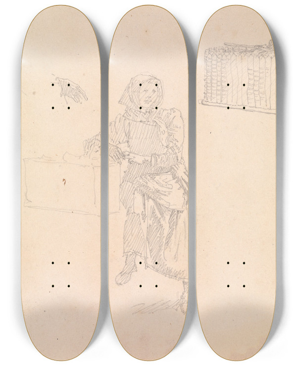 Triptych art skateboard deck of Christen Kbke Skovshovedkone Siddende by Christen Kobke (1810-1848)