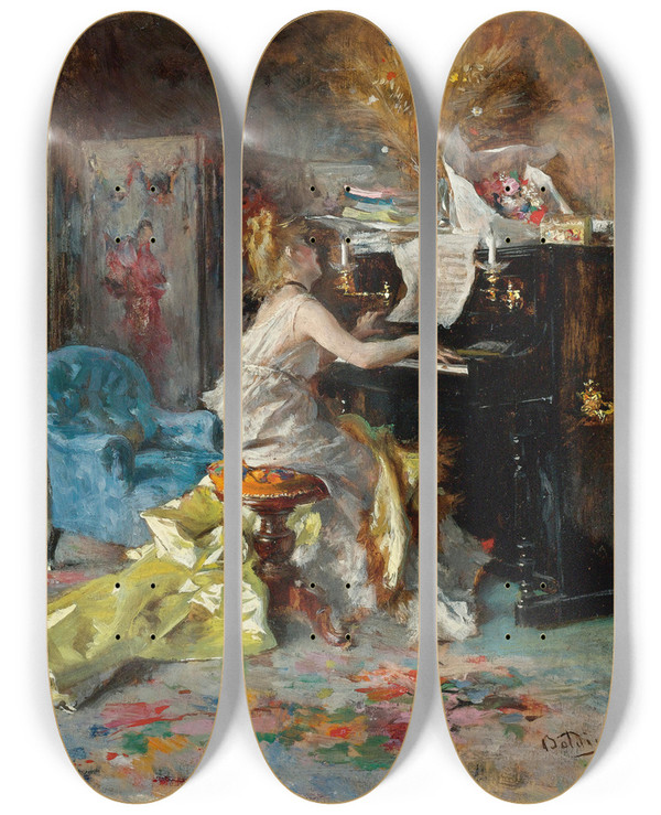 Triptych art skateboard deck of Giovanni Boldini Signora Al Pianoforte Woman At A Piano by Giovanni Boldini (1842-1931)