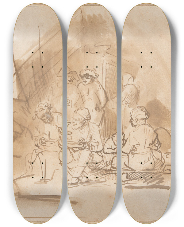 Triptych art skateboard deck of Barent Fabritius Satyr Among The Peasants by Barent Fabritius (1624-1673)
