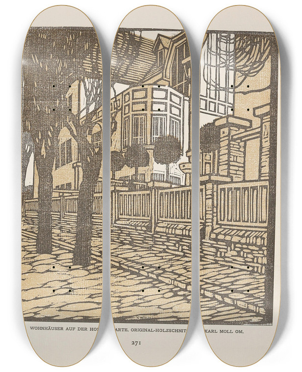 Triptych art skateboard deck of Carl Moll Ver Sacrum 1903 15 271 Wohnhuser Auf Der Hohen Warte by Carl Moll (1861-1945)