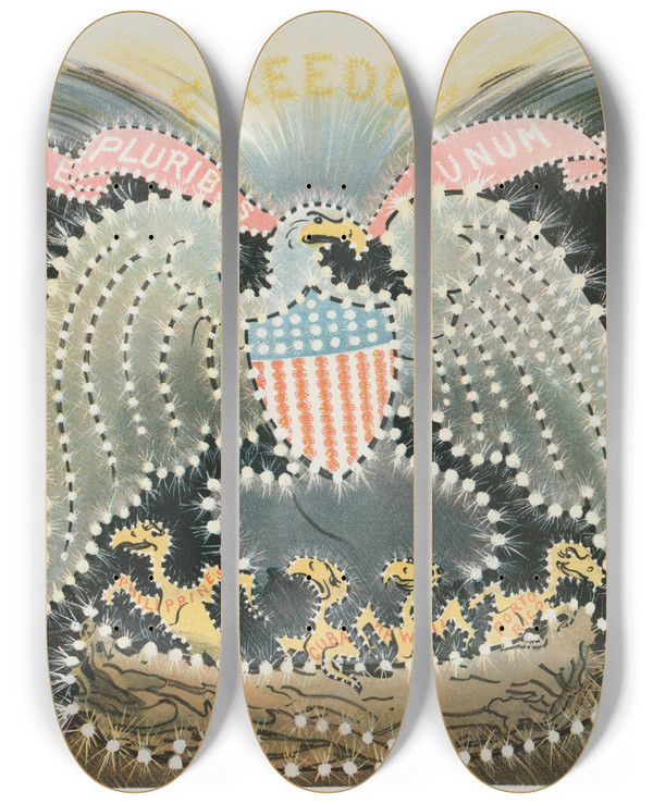 Triptych art skateboard deck of Udo Keppler July 4Th 1901 by Udo Keppler (1872-1956)