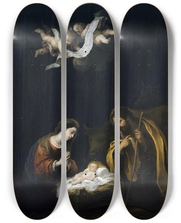 Triptych art skateboard deck of Bartolom Estebn Murillo The Nativity_2 by Bartolome Esteban Murillo (1617-1682)