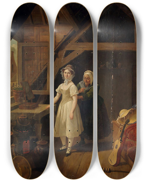 Triptych art skateboard deck of Constantinus Fidelio Coene Maid Sewing A Lady Into A Corset by Constantinus Fidelio Coene (1780)