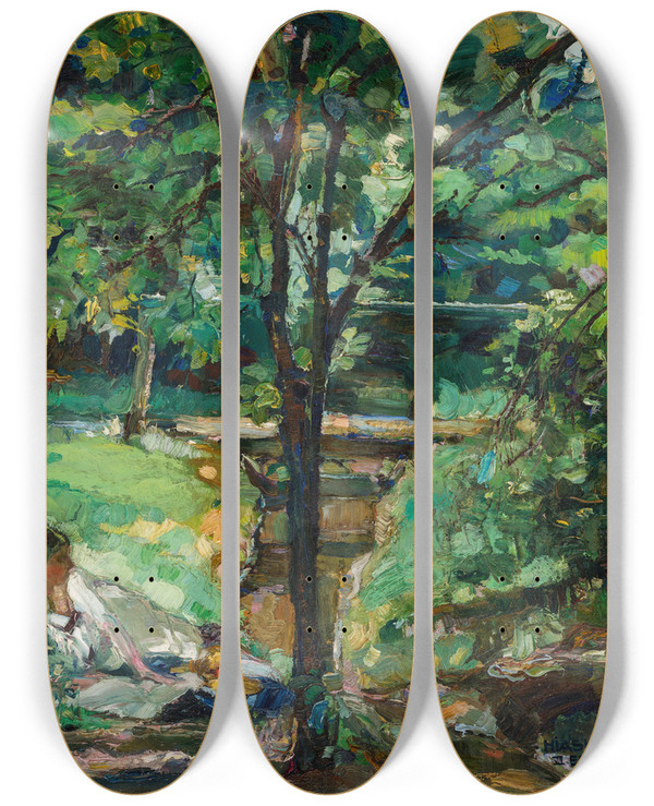 Triptych art skateboard deck of Hiasl Maiererding Picknick An Der Alz by Hiasl Maier-Erding (1894-1933)