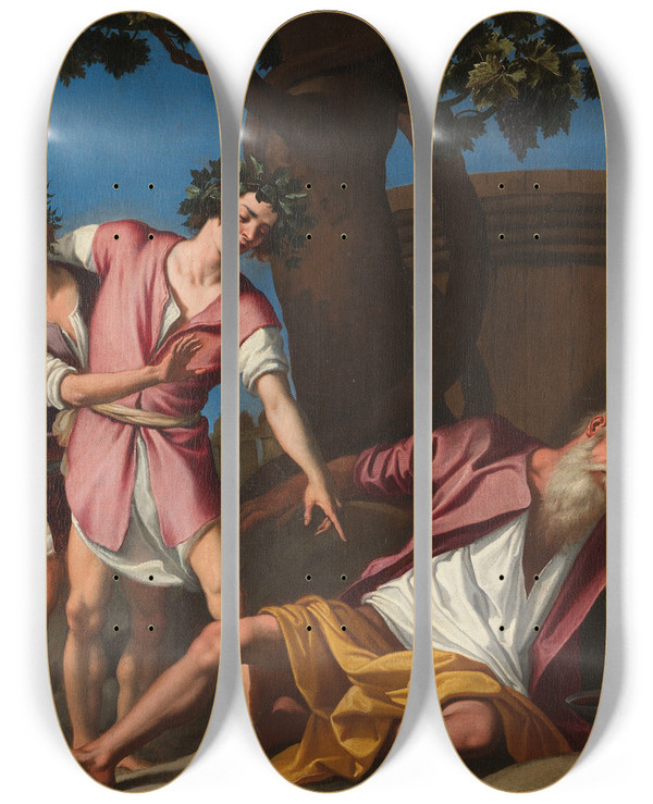 Triptych art skateboard deck of Jacopo Da Empoli The Drunkenness Of Noah by Jacopo da Empoli (1551-1640)
