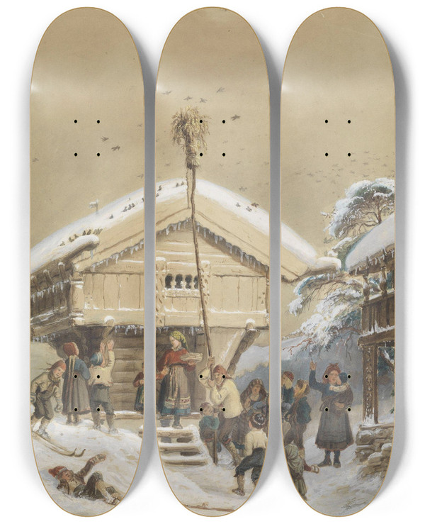 Triptych art skateboard deck of Adolph Tidemand Norsk Juleskikk by Adolph Tidemand (1814-1876)