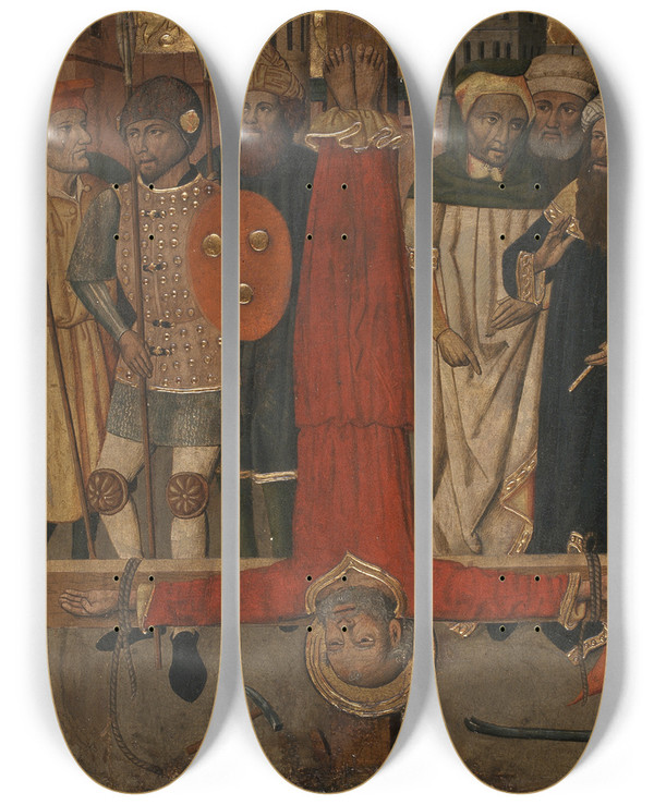 Triptych art skateboard deck of Jaume Huguet  The Crucifixion Of Saint Peter by Jaume Huguet (1412-1492)