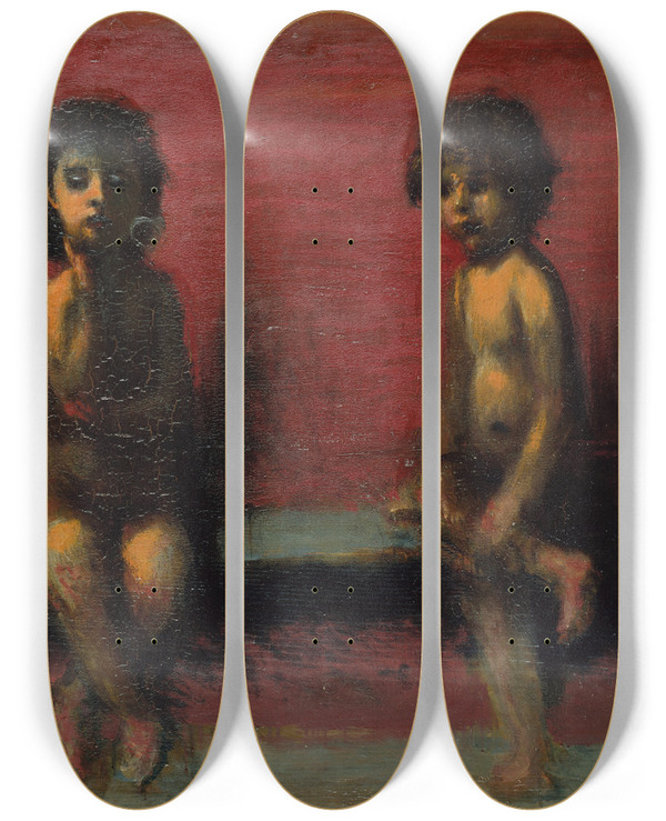 Triptych art skateboard deck of Hans Von Mares Two Seated Children by Hans Von Marees (1837-1887)