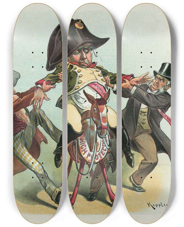 Triptych art skateboard deck of Udo Keppler They Both Claim Him by Udo Keppler (1872-1956)
