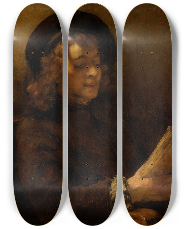 Triptych art skateboard deck of Rembrandt Van Rijn Titus Van Rijn The Artists Son Reading by Rembrandt Van Rijn (1606-1669)