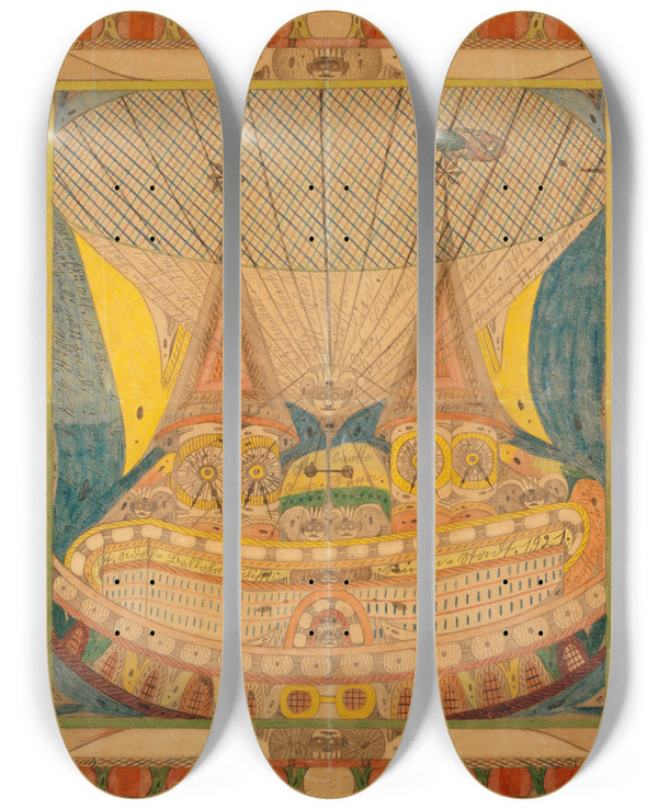 Triptych art skateboard deck of Adolf Wlfli Skt Adolfballohnschiff Riesenstadt by Adolf Wolfli (1864-1930)