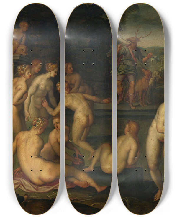 Triptych art skateboard deck of Giovanni Balducci Diana And Actaeon by Giovanni Balducci (1550-1631)