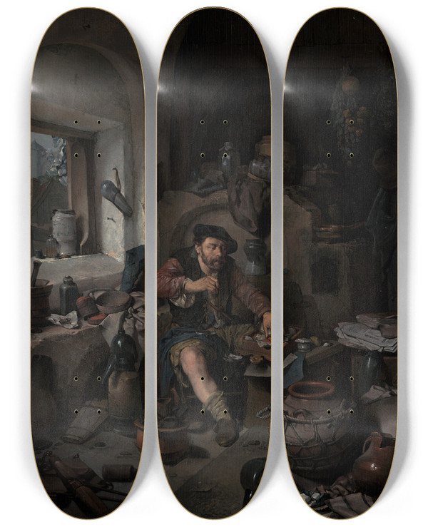 Triptych art skateboard deck of Cornelis Pietersz Bega The Alchemist by Cornelis Pietersz Bega (1631-1664)