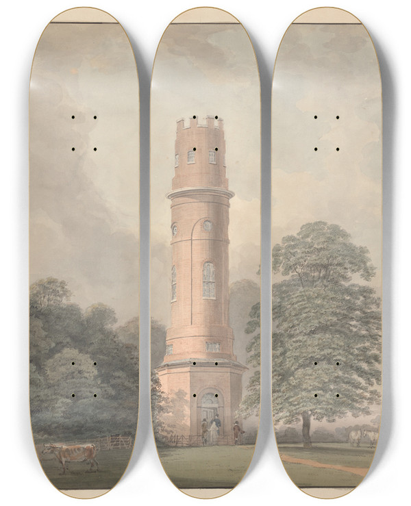 Triptych art skateboard deck of Samuel Davis An Observation Tower by Samuel Davis (1757-1819)