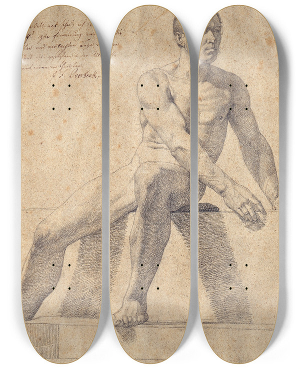 Triptych art skateboard deck of Johann Friedrich Overbeck Male Nude Sitting On A Pedestal by Johann Friedrich Overbeck (1789-1869)