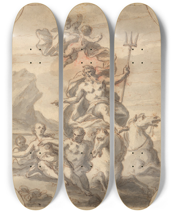 Triptych art skateboard deck of Sir James Thornhill Neptune by Sir James Thornhill (1675-1734)