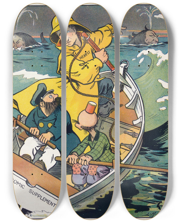 Triptych art skateboard deck of Louis Glackens There They Blow by Louis Glackens (1866-1933)