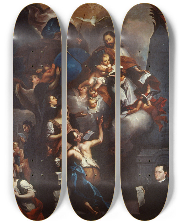 Triptych art skateboard deck of Jos De Alcbar The Ministry Of Saint Joseph by Jos de Alcbar (1725-1803)