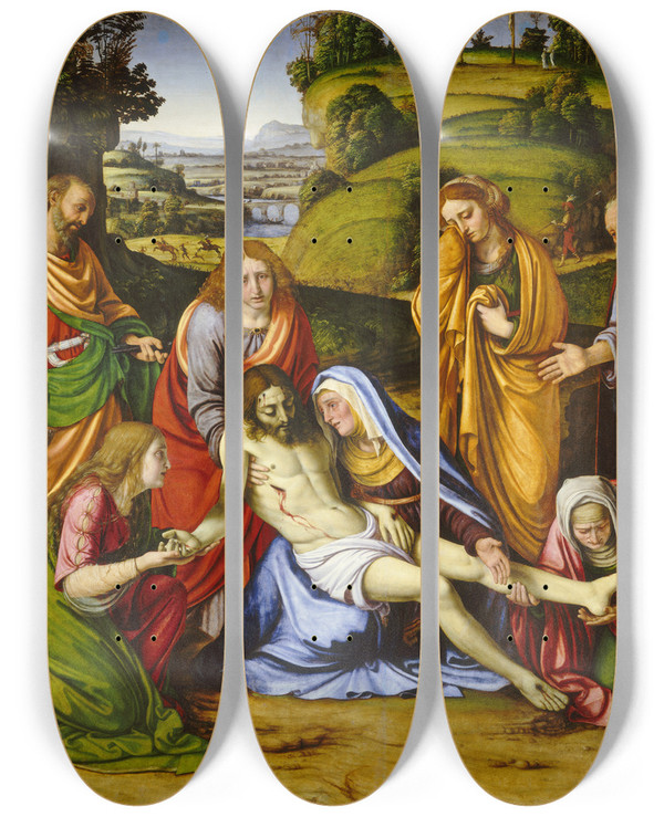 Triptych art skateboard deck of Andrea Solario Lamentation by Andrea Solario (1460-1524)