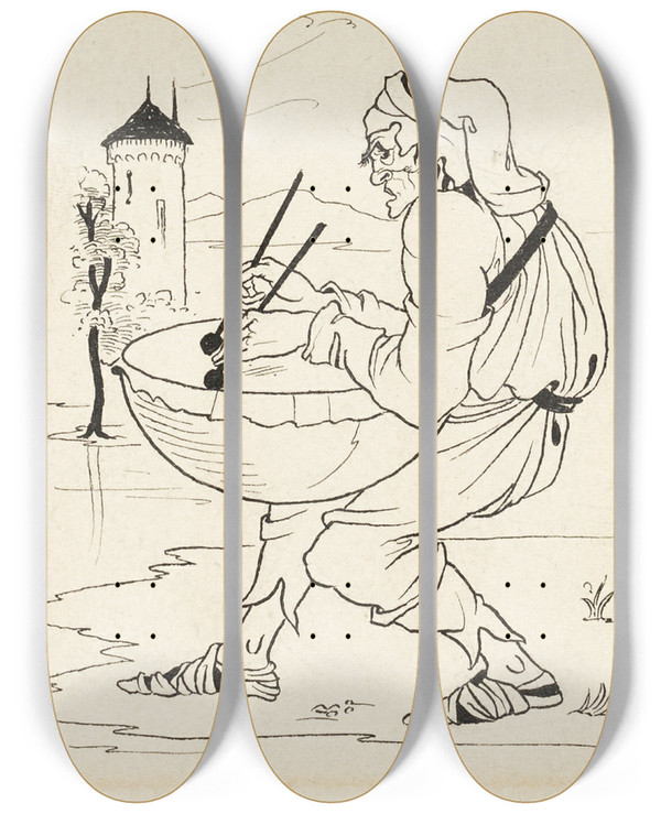 Triptych art skateboard deck of Aubrey Vincent Beardsley Man With Drum by Aubrey Vincent Beardsley (1872-1898)