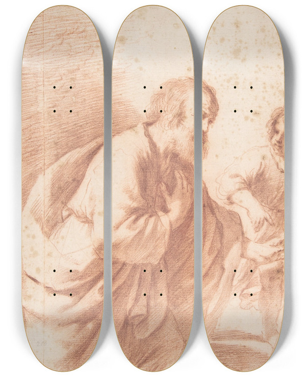 Triptych art skateboard deck of Guercino Saint Joseph Seen With His Flowering Staff Which Is Held By The Christ Child by Guercino (1591-1666)