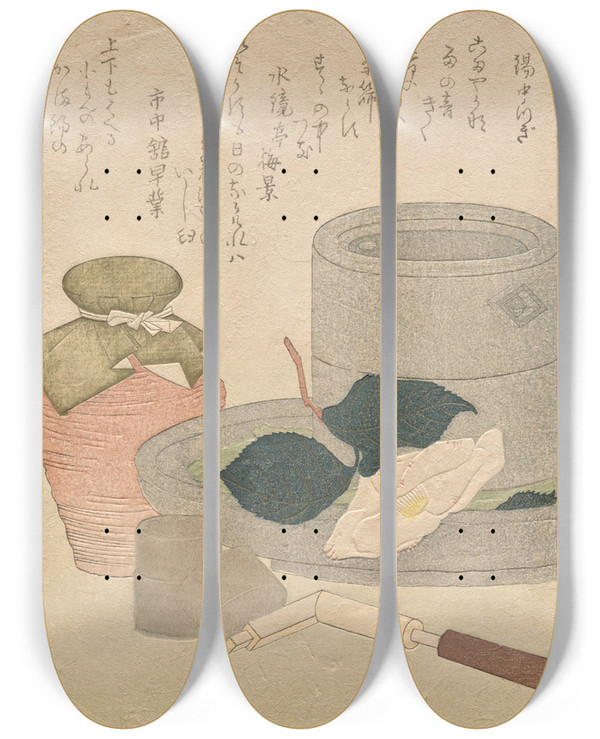 Triptych art skateboard deck of Kubo Shunman White Tin Middleman Shiro Suzu Nakatsugi From The Series Five Colors Of Tea Utensils Chakigoshiki by Kubo Shunman (1757-1820)