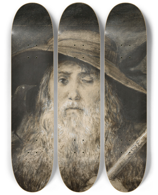 Triptych art skateboard deck of Hans Thoma Wotan As Wayfarer by Hans Thoma (1839-1924)