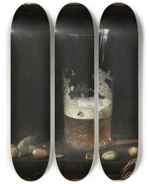 Triptych art skateboard deck of Georg Hainz Still Life With A Glass Of Beer And Nuts by Georg Hainz (1630-1688)
