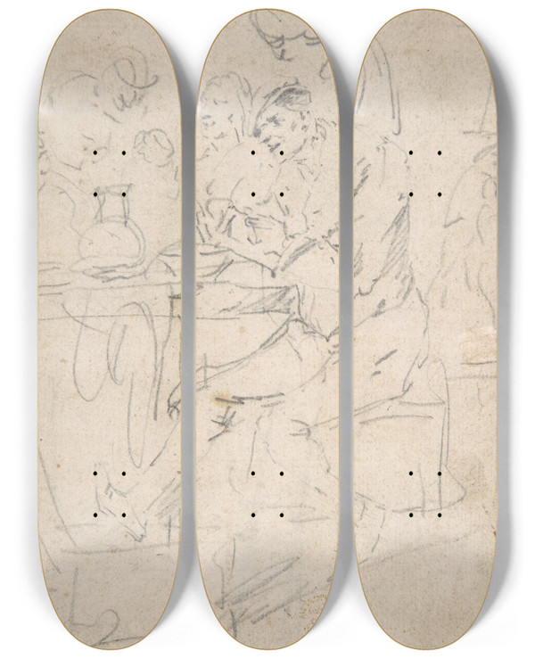Triptych art skateboard deck of Egbert Van Heemskerck Peasants In A Tavern by Egbert Van Heemskerck (1634-1704)