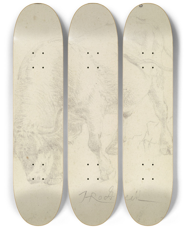 Triptych art skateboard deck of Johann Heinrich Roos Grasender Faselochse Nach Links by Johann Heinrich Roos (1631-1685)