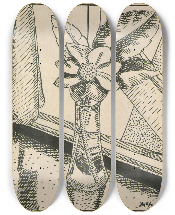 Triptych art skateboard deck of Raymond Mcintyre By The Window Still Life by Raymond Mcintyre (1879-1933)