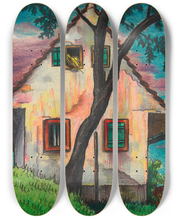 Triptych art skateboard deck of Karl Wiener Haus Im Abend by Karl Wiener (1901-1949)