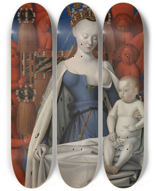 Triptych art skateboard deck of Jean Fouquet Virgin And Child Surrounded By Angels by Jean Fouquet (1420-1481)