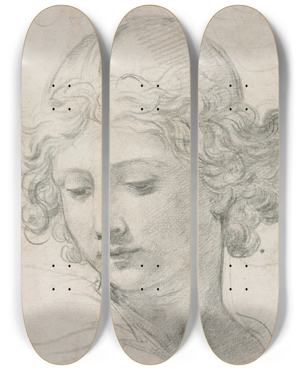 Triptych art skateboard deck of Pietro Da Cortona Study For The Head Of St Michael by Pietro da Cortona (1596-1669)