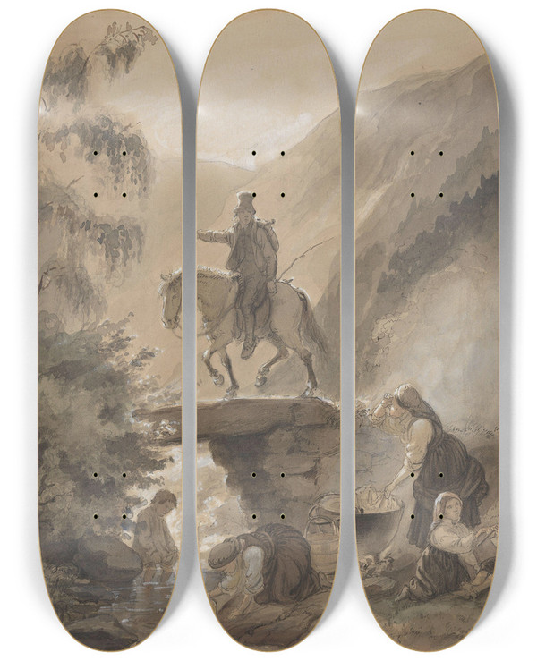 Triptych art skateboard deck of Adolph Tidemand Rytter Kvinner Og Barn Ved Bekk by Adolph Tidemand (1814-1876)